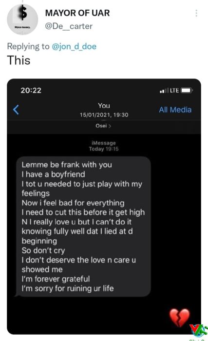 Nigerian man shares girlfriend's breakup message
